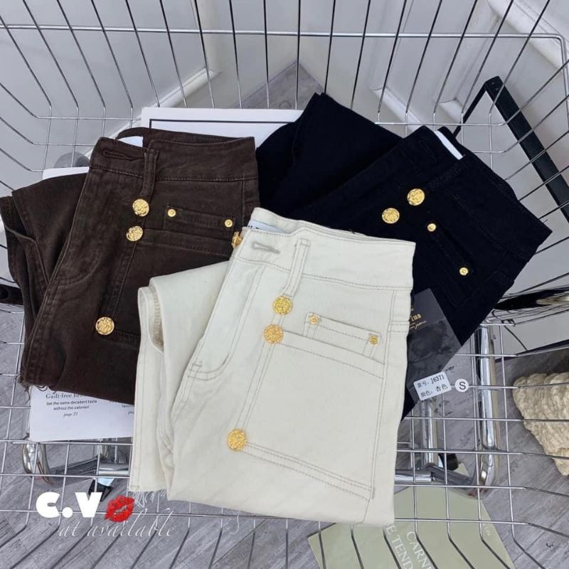 Chân váy jeans dài túi trước đính khuy hàng QCL1