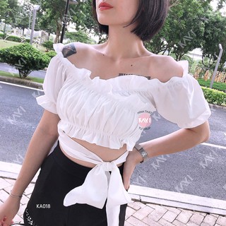 Áo Croptop Voan Trễ Vai Tay Ngắn KAYI HOUSE, Nhún Thân Đắp Chéo Cột Nơ Eo - A018