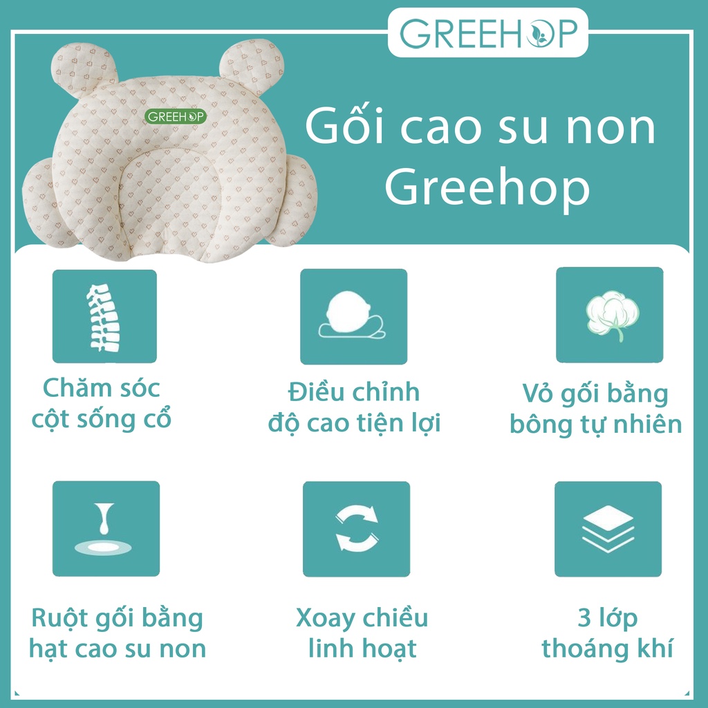Gối cao su non cho bé, gối chống méo đầu Greehop