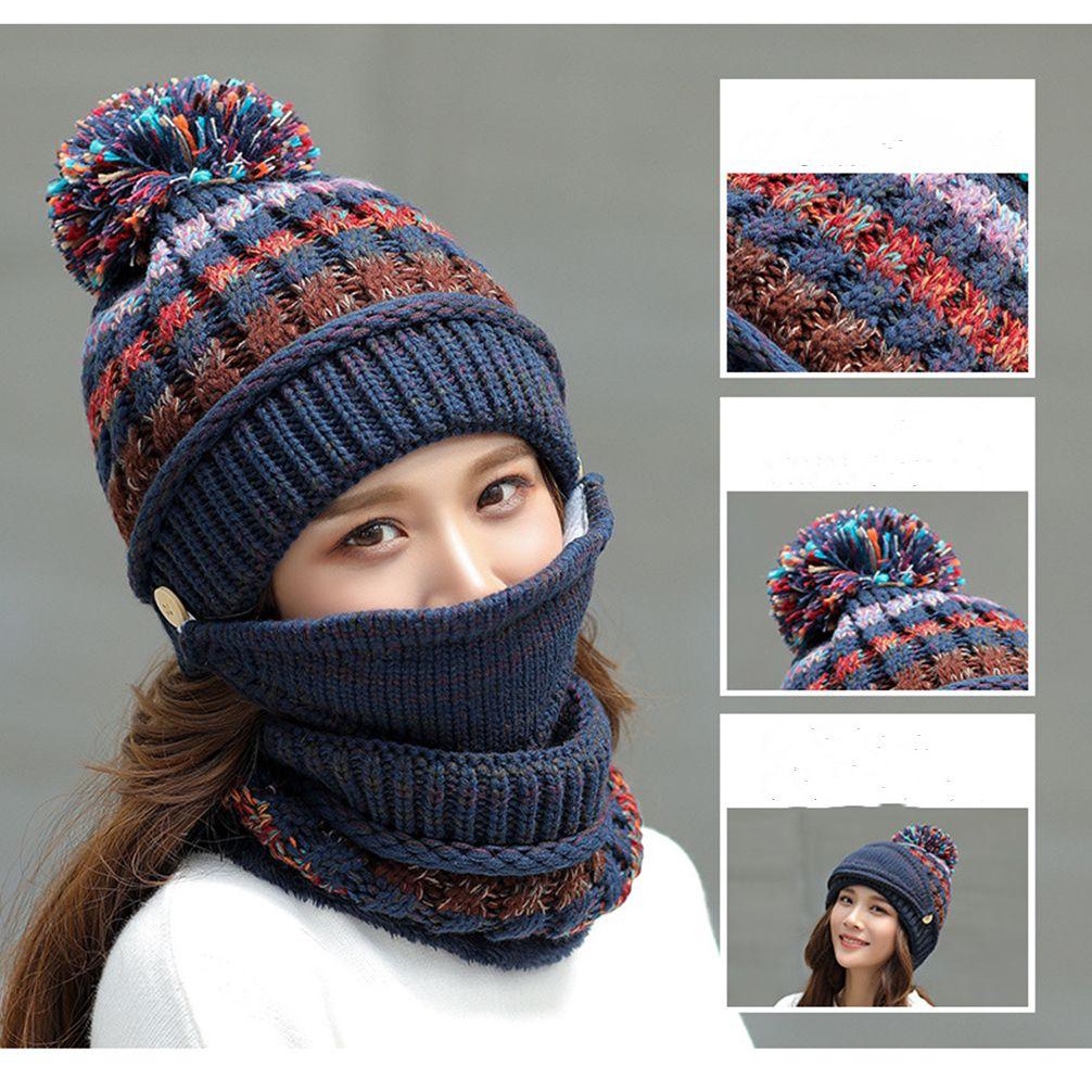 Set Mũ beanie Và Khăn Choàng Cổ Phối Bóng Lông Ấm Áp Cho Nữ