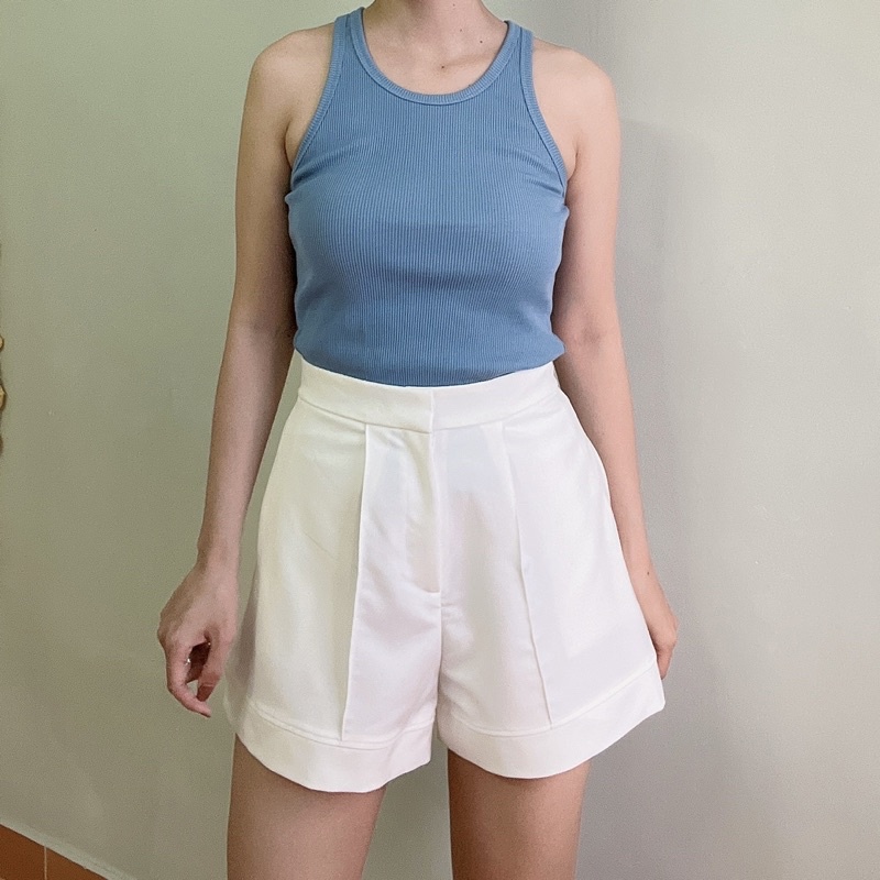 Quần đùi/quần short kaki ống rông cạp cao trắng đen be - Audrey Studio