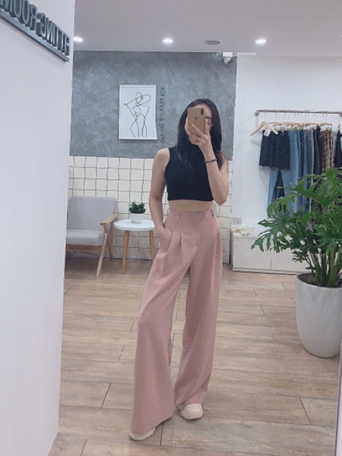 Quần suông ống rộng nữ Delys - Quần suông hồng cạp cao vải tuyết mưa mềm không nhăn, không bám bụi