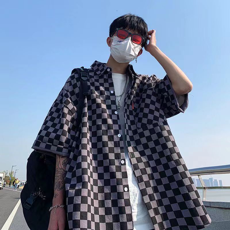 Áo Thun Tay Ngắn Dáng Suông Họa Tiết Bàn Cờ Kẻ Ô Vuông Thời Trang Unisex Phong Cách Hip Hop Hàn Quốc 2022