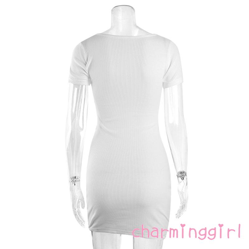 Đầm Ôm Tay Ngắn Cổ Chữ V Màu Sắc Trơn Thời Trang Dành Cho Nữ