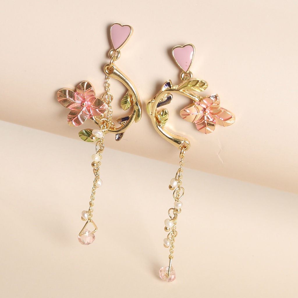 Bông tai hoa anh đào siêu mỏng không đối xứng phối tua rua ngọt ngào