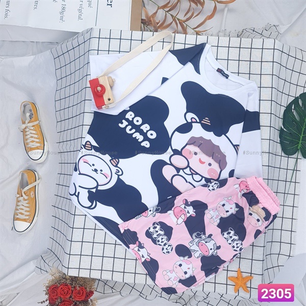 Ảnh thật nhiều mẫu Đồ bộ hoạt hình quần ngắn,Set cartoon Bò Sữa .Unisex form rộng SunnyHouse - Mã số 2045