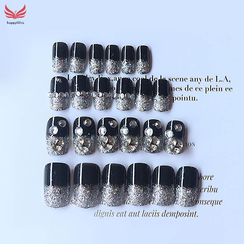 Set 24 Móng Tay Giả Màu Bạc/Đen Đính Đá Thời Trang Cho Nữ