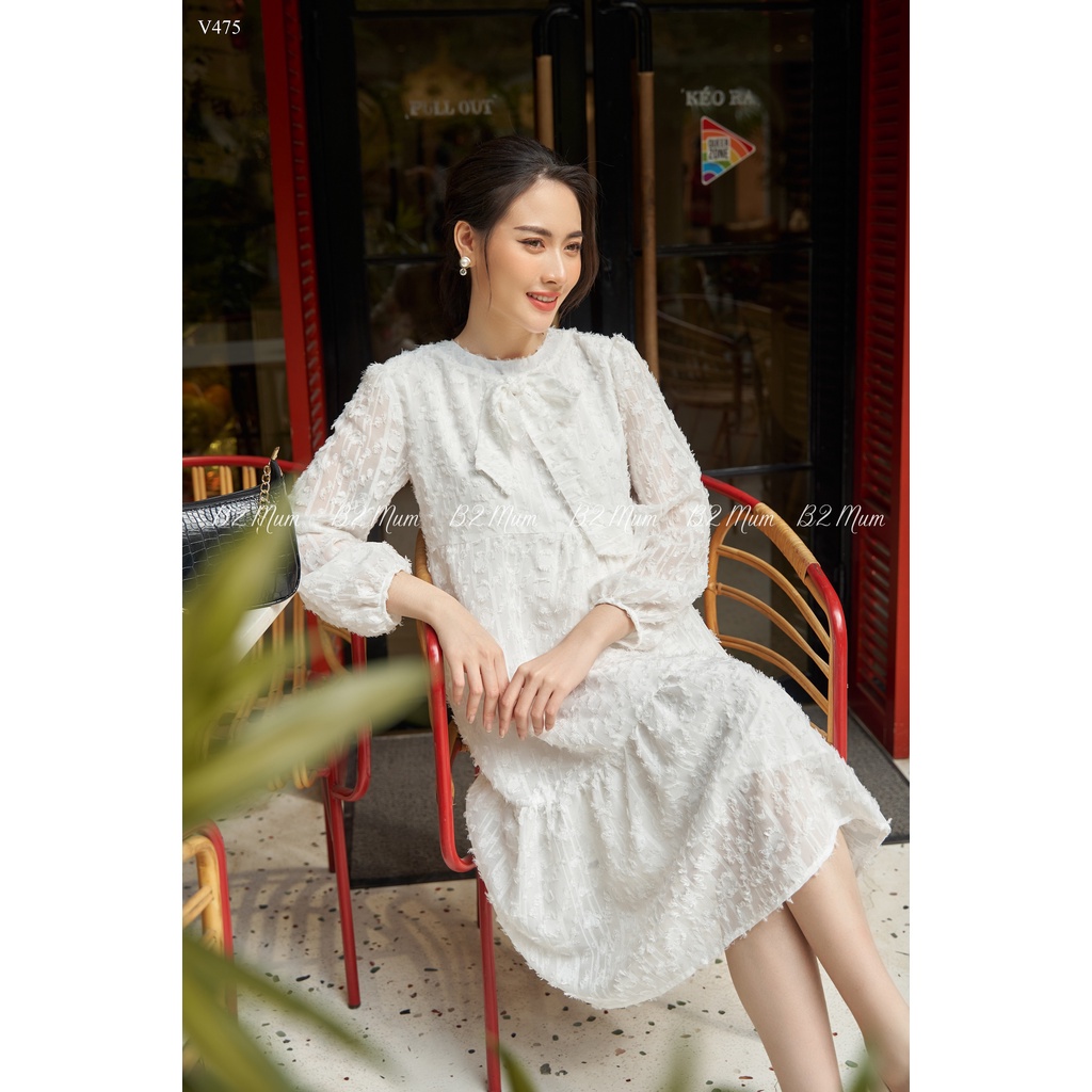 HT Váy bầu suông đẹp thu đông B2 MUM nơ cổ lông tay bồng babydoll trắng kem V475