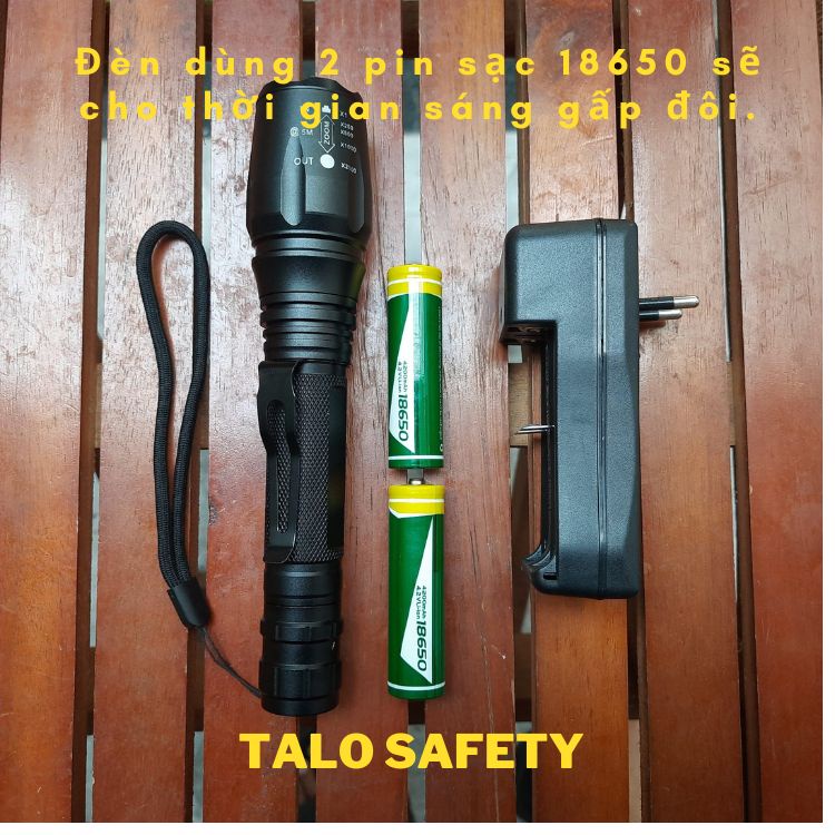 Đèn pin cầm tay siêu sáng chip led T6, sử dụng 2 pin sạc 18650 có zoom chống nước