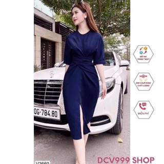 Váy sơ mi xanh dáng dài thiết kế thắt eo