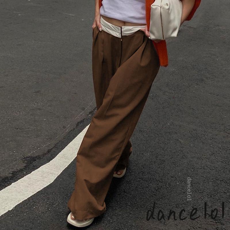 Quần Dài Ống Rộng Lưng Thấp Cài Khóa Kéo Phong Cách Vintage Thời Trang Cho Nữ 1O1