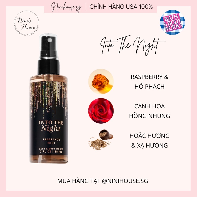 [Hàng Mỹ] Xịt thơm body mist Bath and Body Works mùi INTO THE NIGHT 236ml