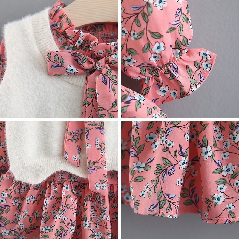 BEAR LEADER Bộ Áo Khoác Lông Chồn + Đầm Dài Tay Thời Trang Thu Đông Cho Bé Gái