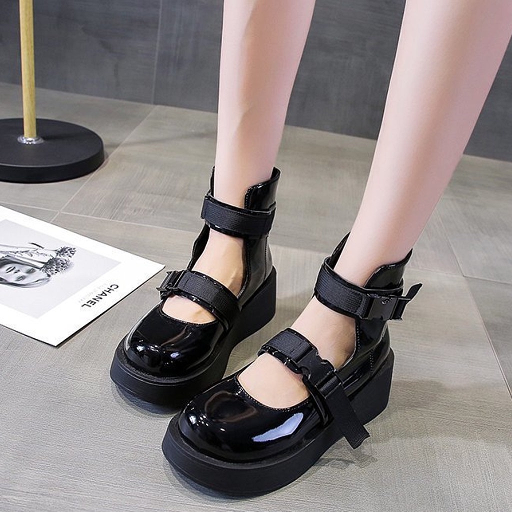 Giày Nữ Ulzzang Phong Cách Vintage, Giày Lolita Marry Jane Da Bóng Mũi Tròn Quai Ngang Gài Đế 5cm Hàn Quốc-Iclassy_shoes