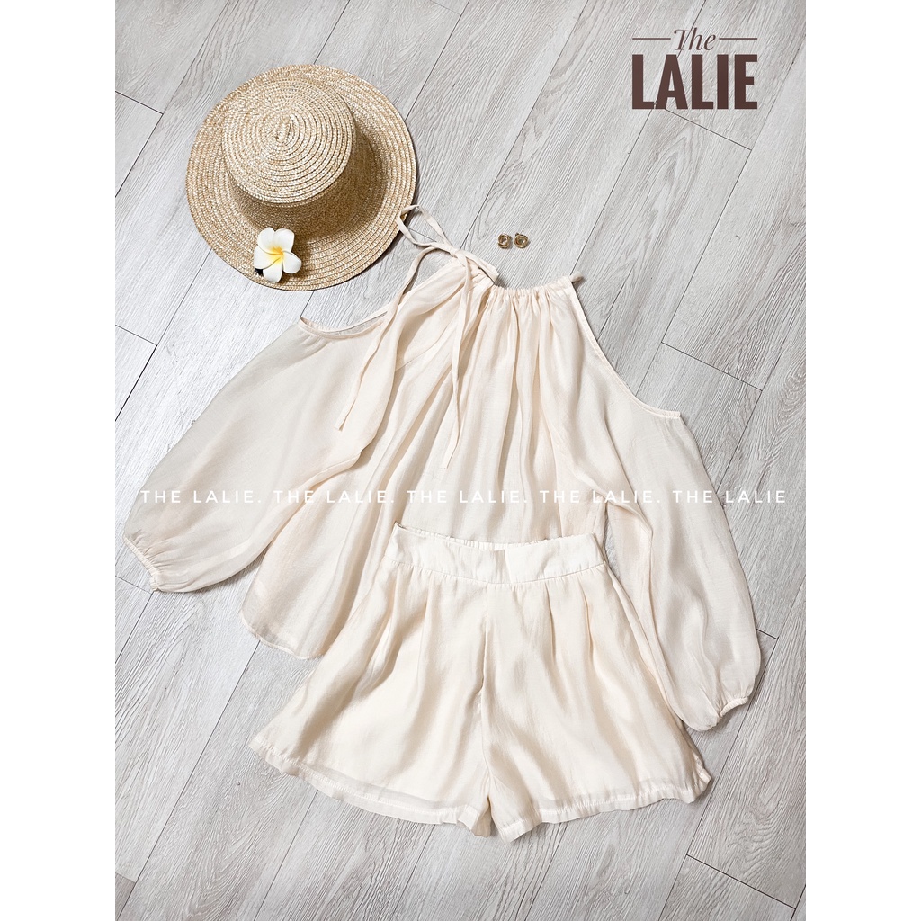 Set Áo Khoét Vai Buộc Nơ Lalie phối quần sooc voan tơ mềm mát phom dáng korea 2 màu