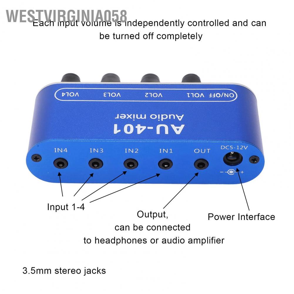 Westvirginia058 4 Đầu vào 1 ra Bộ trộn âm thanh Bảng nổi khuếch đại tai nghe DC 5‑12V Giắc cắm 3 5 mm