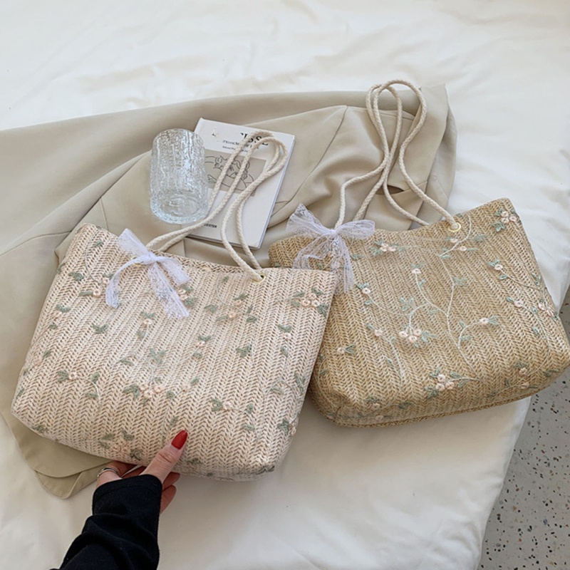 Túi Xách Đeo Vai Đan Lát Phối Ren Đính Nơ Xinh Xắn Cho Nữ