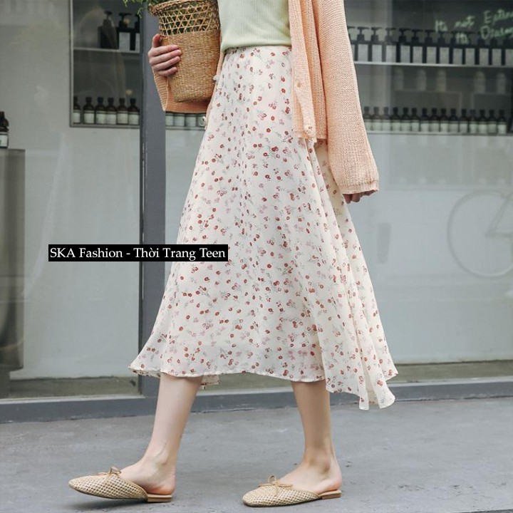 Chân Váy Trắng Dài Voan Midi Hoa Nhí, Chân Váy 2 Lớp - SKA