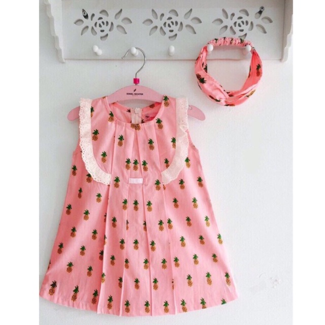 Váy đầm bé gái cotton thoáng mát mùa hè hoạ tiết trái cây quả thơm(kèm turban)