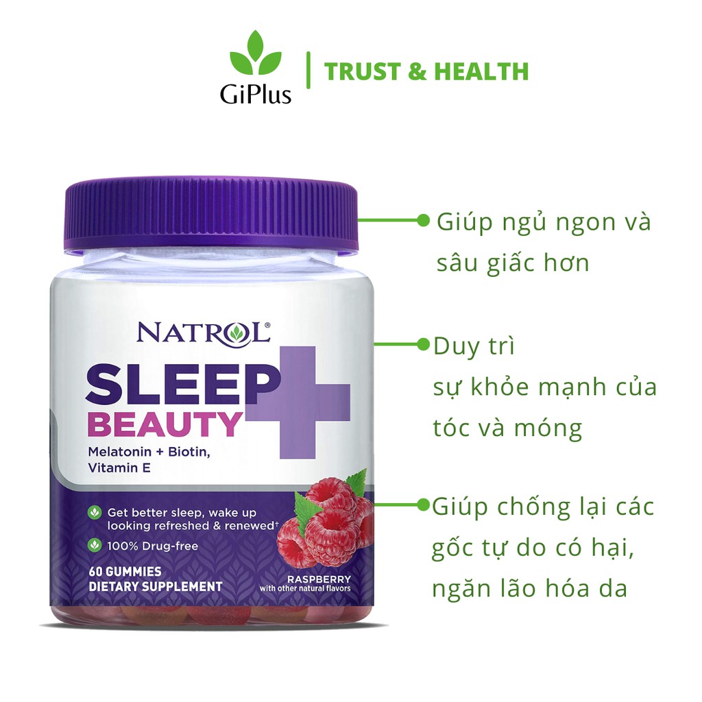 Kẹo Dẻo Hỗ Trợ Giấc Ngủ Ngon, Đẹp Da, Dài Tóc Natrol Sleep + Beauty Gummy Raspberry (60 Viên/lọ)