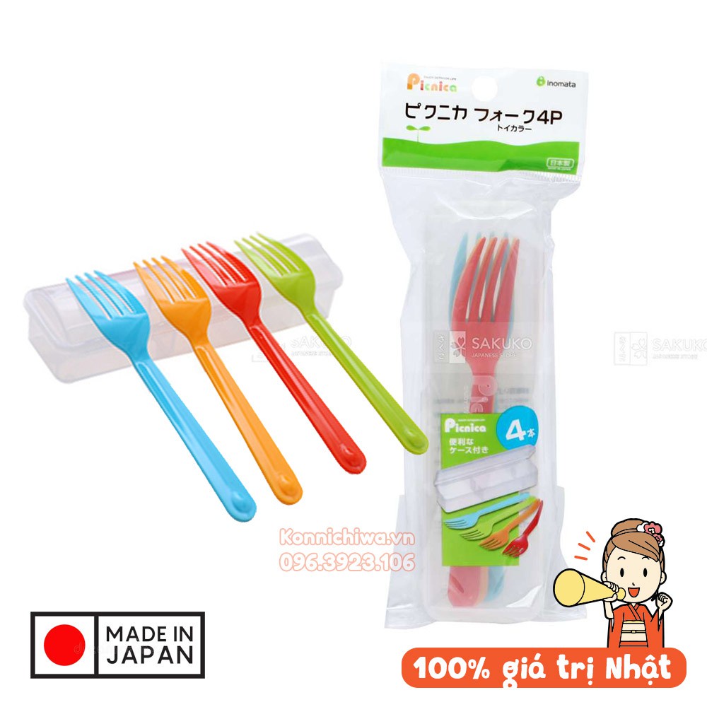Hộp 4 thìa dĩa nhựa cao cấp INOMATA Nhật chịu nhiệt độ cao, nhiều màu cho bé, có hộp đựng tiện dụng