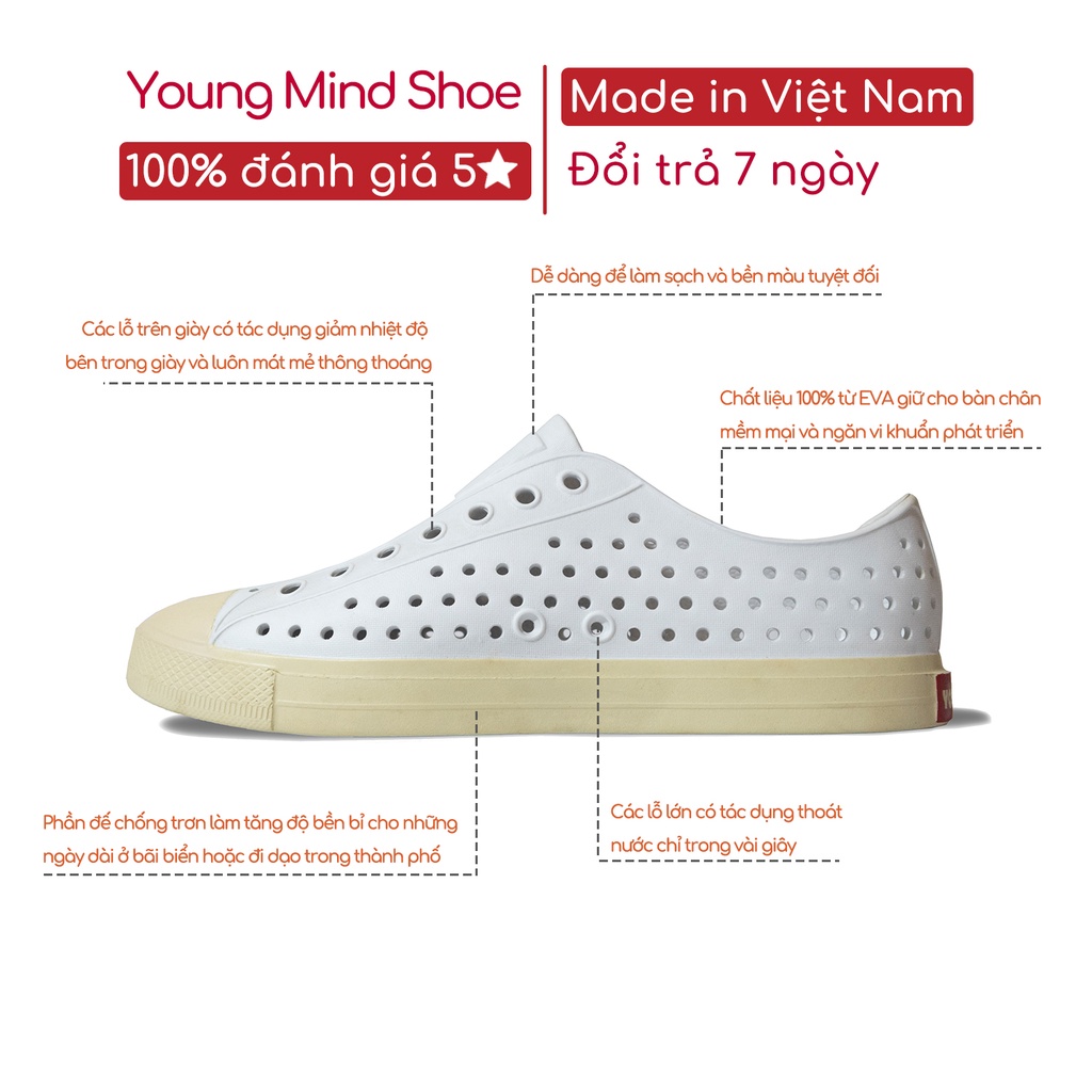 Giày Nhựa Young Mind Unisex Siêu Nhẹ Đi Mưa, Đi Biển, Đi Bộ Đế Cao Su Chống Trơn Trượt Xuất Xứ Việt Nam Màu Trắng