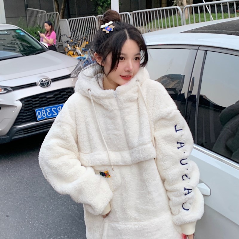 Áo khoác len lông cừu bông xù cao cổ trùm mũ Hàn Quốc unisex nam nữ đáng yêu siêu mềm mịn ấm áp hip hop