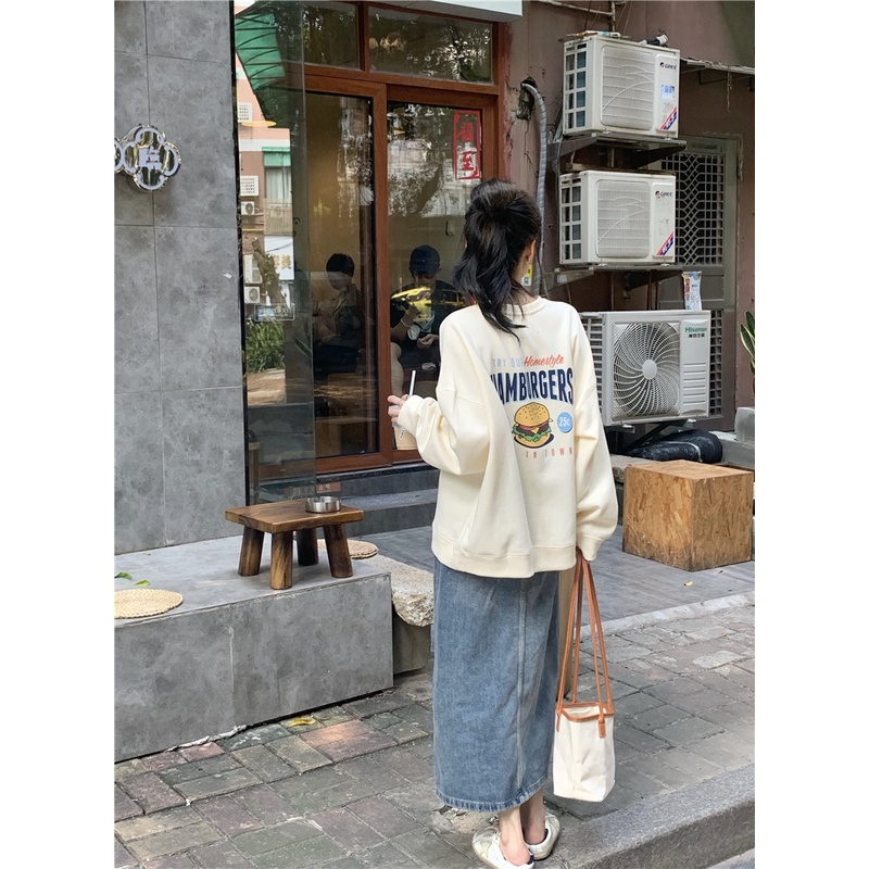 Porozi  Áo sweater tay dài dáng rộng in hình burger kiểu Hàn Quốc xinh xắn cho nữ