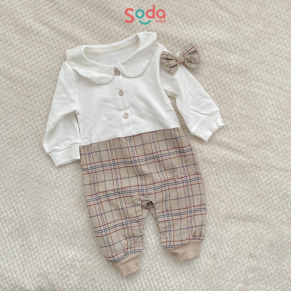 Bộ liền thân cổ sen caro kèm nơ cổ (Ảnh thật)