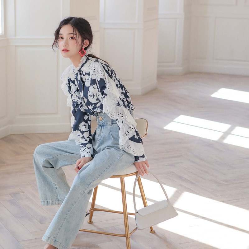 Shirt Design print lace stringy selvedge shirt New in spring and autumn women's clothing long sleeve batwing sleeve loos