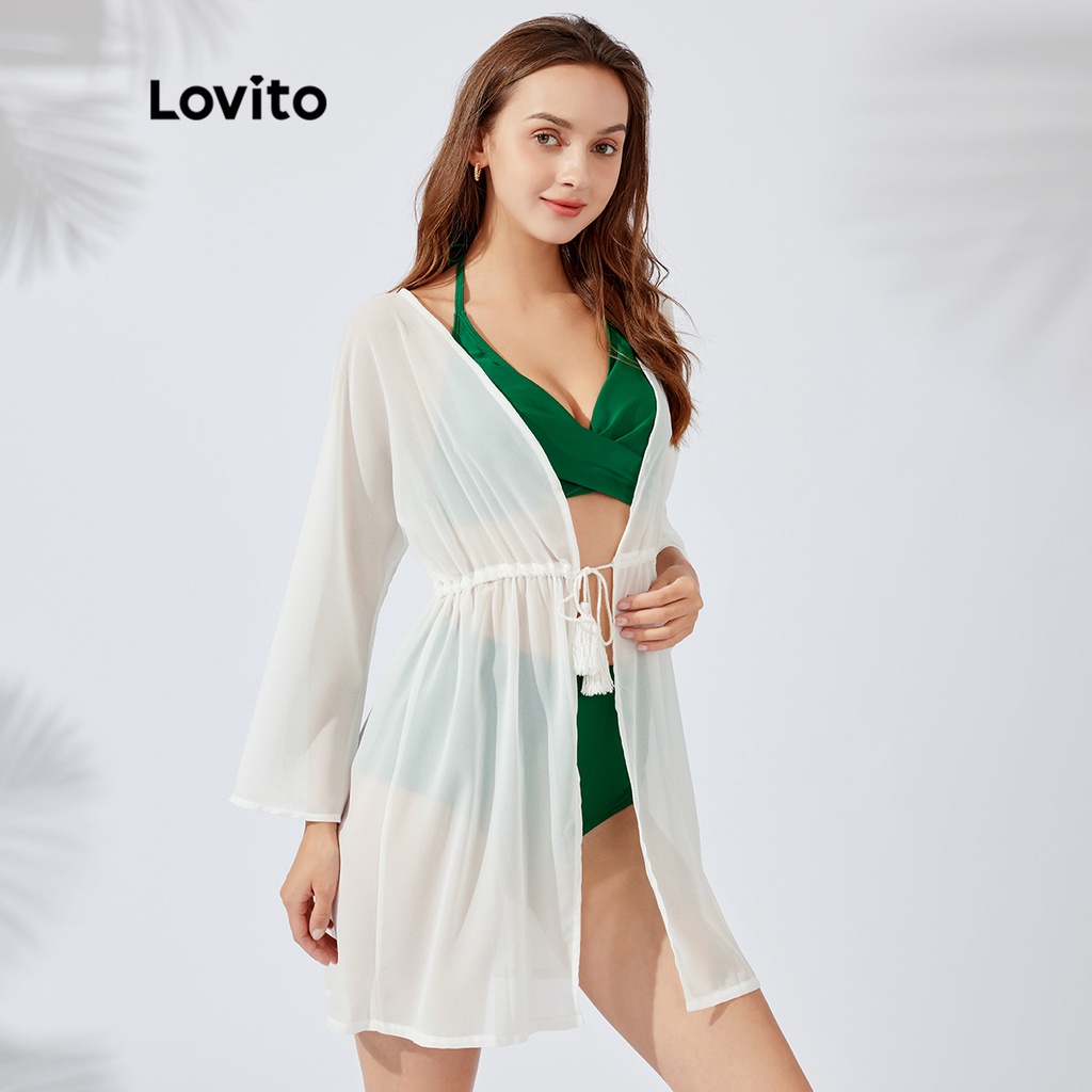 Áo khoác ngoài Lovito thiết kế cổ thẳng trơn màu thắt dây phong cách Boho L26AD008 (màu trắng)