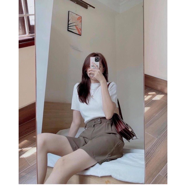 Áo len tăm trơn cộc tay, Áo len nữ cổ tròn basic, Áo len đũa ulzzang Junnie Closet