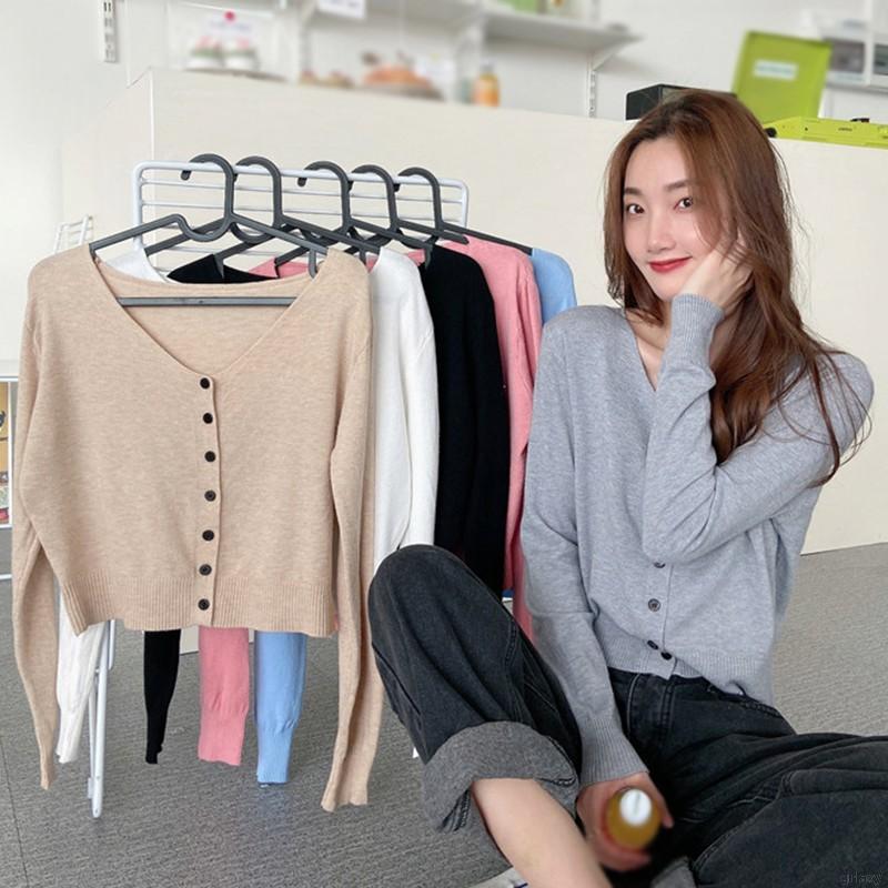 Áo Cardigan Dệt Kim Tay Dài Cổ Chữ V Màu Trơn Thiết Kế Đơn Giản Phong Cách Hàn Quốc Cho Nữ