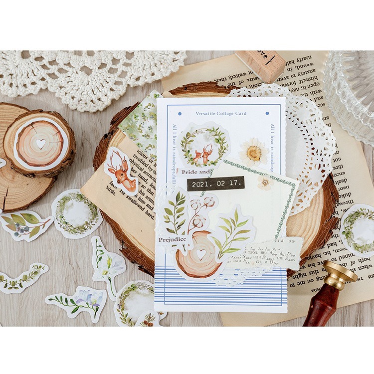 Enjoymore 🌿 Hộp 46 Miếng Dán Hoa Lá Cây Cỏ Hươu Nai Xinh Xắn Trang Trí Scrapbook Bullet Journal Hình Dán Sticker Set Bộ