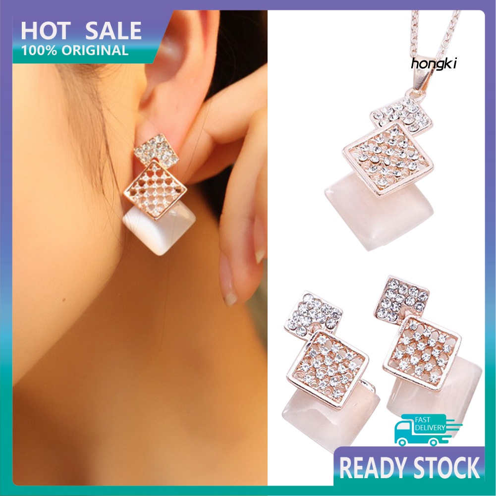 Set Vòng cổ Và Bông Tai Đính Đá Opal Hình Vuông