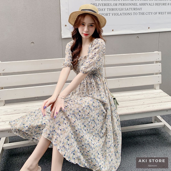 Đầm midi Tay Bồng Cổ Vuông Lưng Cao Chất Liệu chiffon Họa Tiết Hoa Mẫu Mới 2022