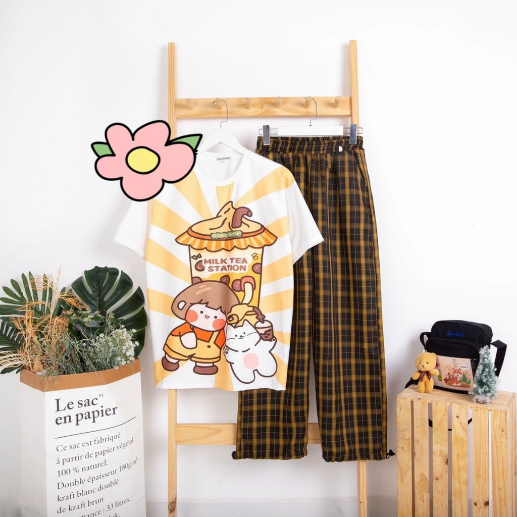 Set đồ bộ nữ form rộng Unisex Tinie Closet, Áo thun+quần jogger+quần caro ống rộng dây rút+quần đùi(hàng cao cấp loại 1)