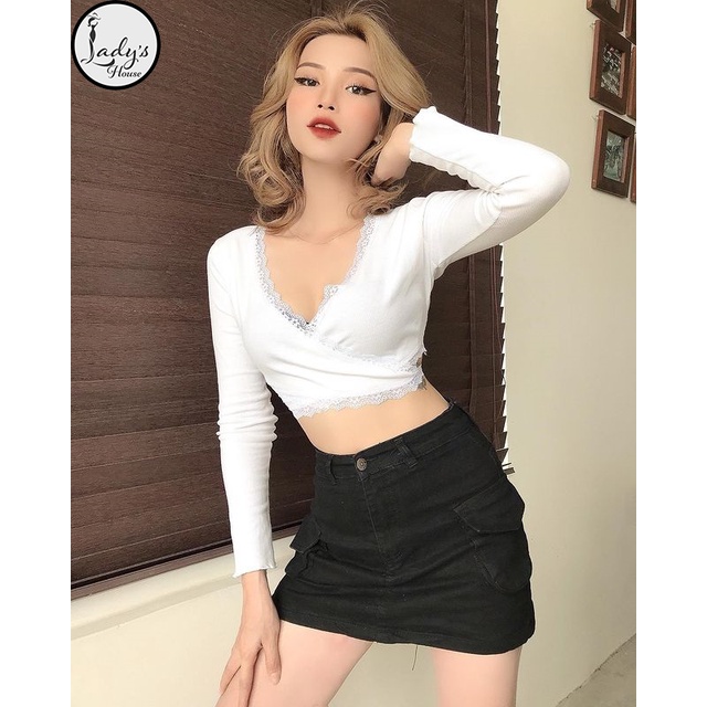 Áo Croptop Viền Ren Tay Dài Cột Dây Eo Siêu Xinh Cổ Chữ V Form Ôm Chất Thun Phối Ren "CROPTOP VIỀN REN" | BigBuy360 - bigbuy360.vn
