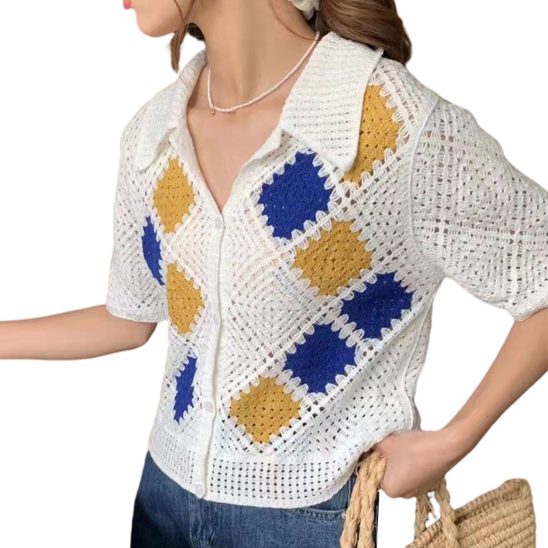 Brroa Áo Cardigan Dệt Kim Tay Ngắn Cổ Chữ V Cài Nút Màu Sắc Tương Phản Phong Cách Vintage Dành Cho Nữ