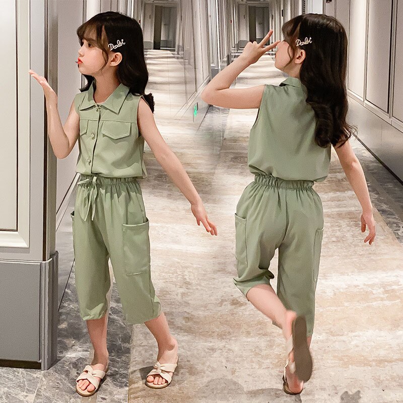 Bộ Áo Thun Không Tay + Quần Ngắn Thời Trang Mùa Hè Dành Cho Bé Gái 5-12 Tuổi