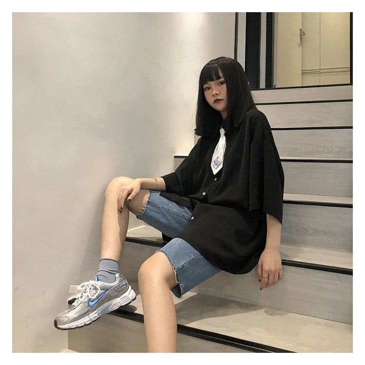 (ORDER) Set áo sơ mi dáng oversize unisex cá tính + kèm cà vạt thêu hình đẹp hàng đẹp có nhiều màu size