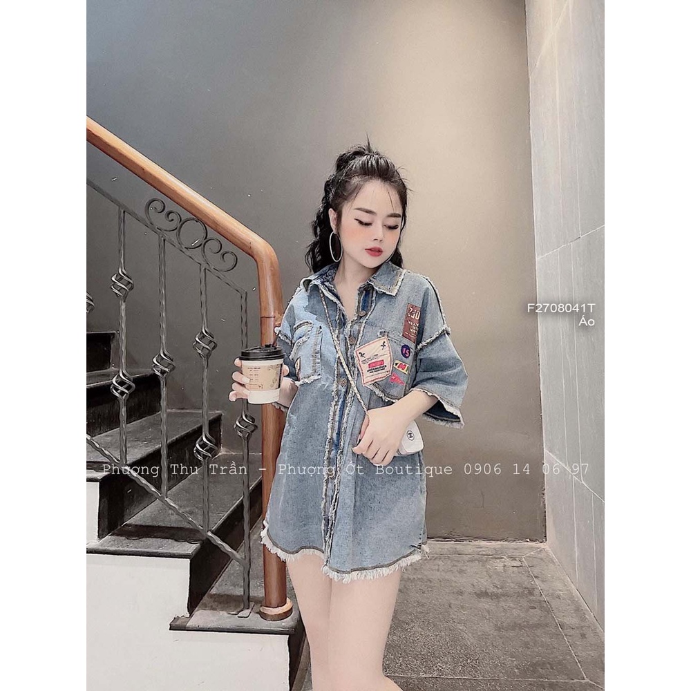 Áo jean nút phối viền tua rua có túi gắn mác tay ngắn thời trang!