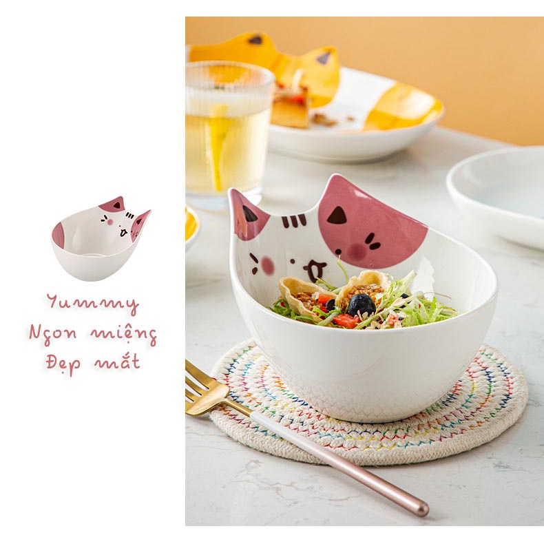 Bộ chén dĩa sứ dễ thương Mèo Trắng Vàng Bát dĩa decor sứ nhiều món, quà tặng xinh xắn