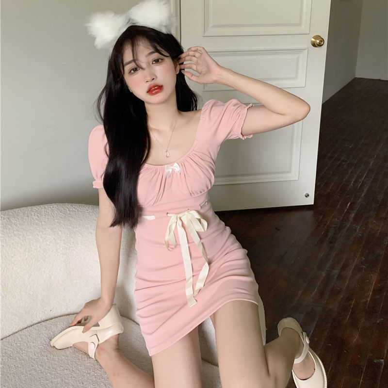 Đầm dệt kim cổ vuông tay phồng phối ren ngọt ngào kiểu pháp cho nữ