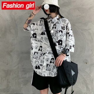 Áo Sơ Mi Tay Lỡ In Họa Tiết Hoạt Hình Phong Cách Hàn Quốc Thời Trang Mùa Hè Cho Nam Và Nữ