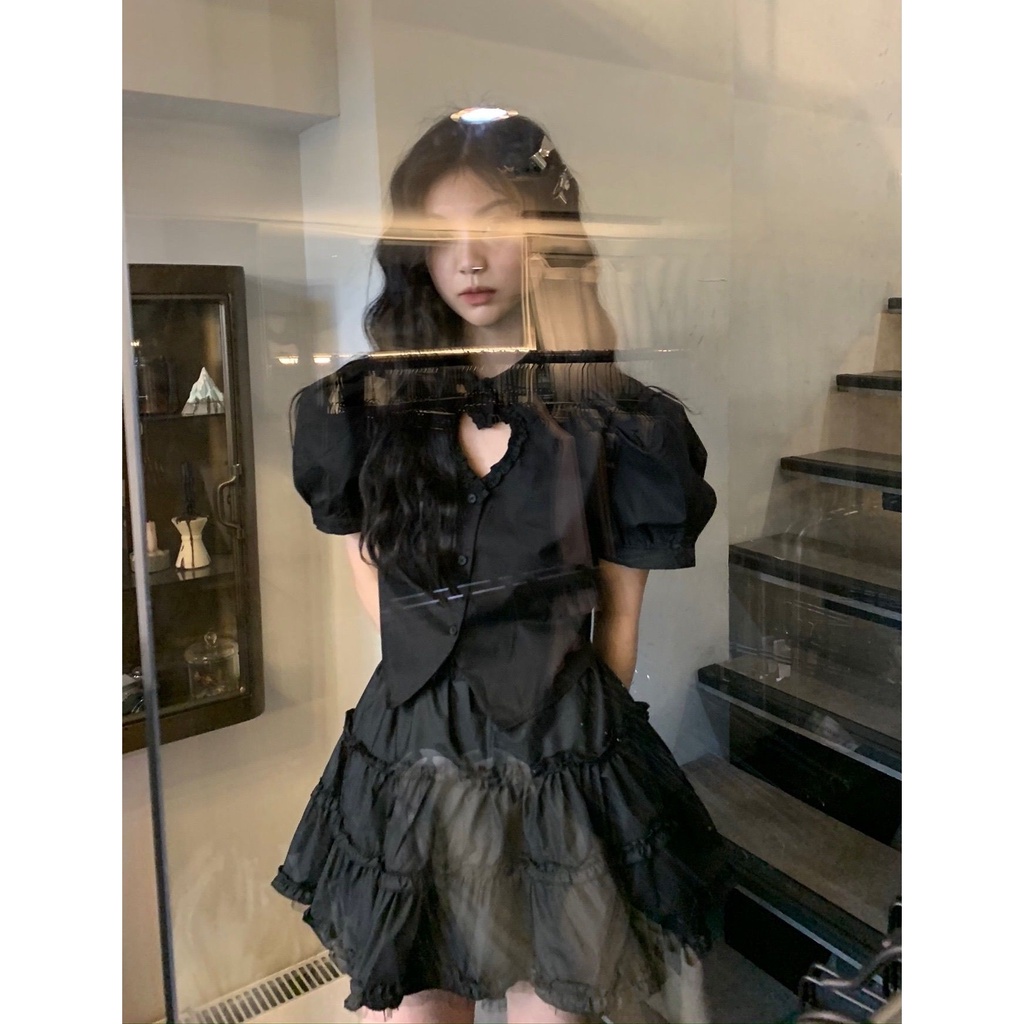 Set Áo Sơ Mi Tay Phồng Kèm Chân Váy Ngắn Xếp Tầng Thời Trang Mùa Hè Dành Cho Nữ