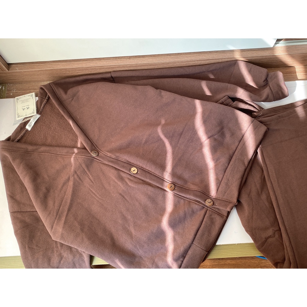 Bộ Nỉ Cardigan Rêu PEONYB Nữ [FREESHIP] Set quần suông áo khoác form rộng tay bồng, sweater kiểu dáng vintage Ulzzang