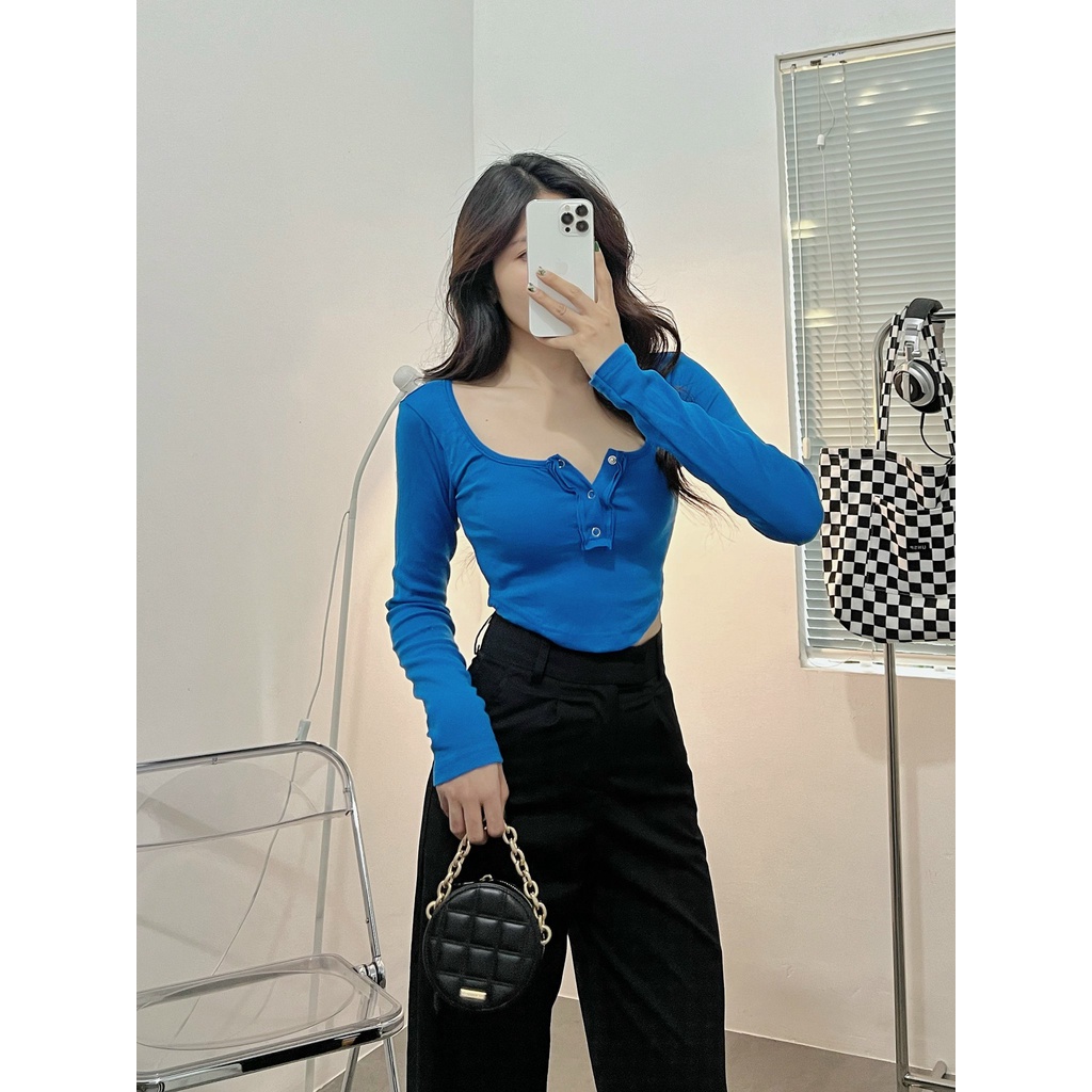 Áo croptop nữ tay dài HHVINTAGE kiểu tà bầu bấm nút thun co giãn Top A39