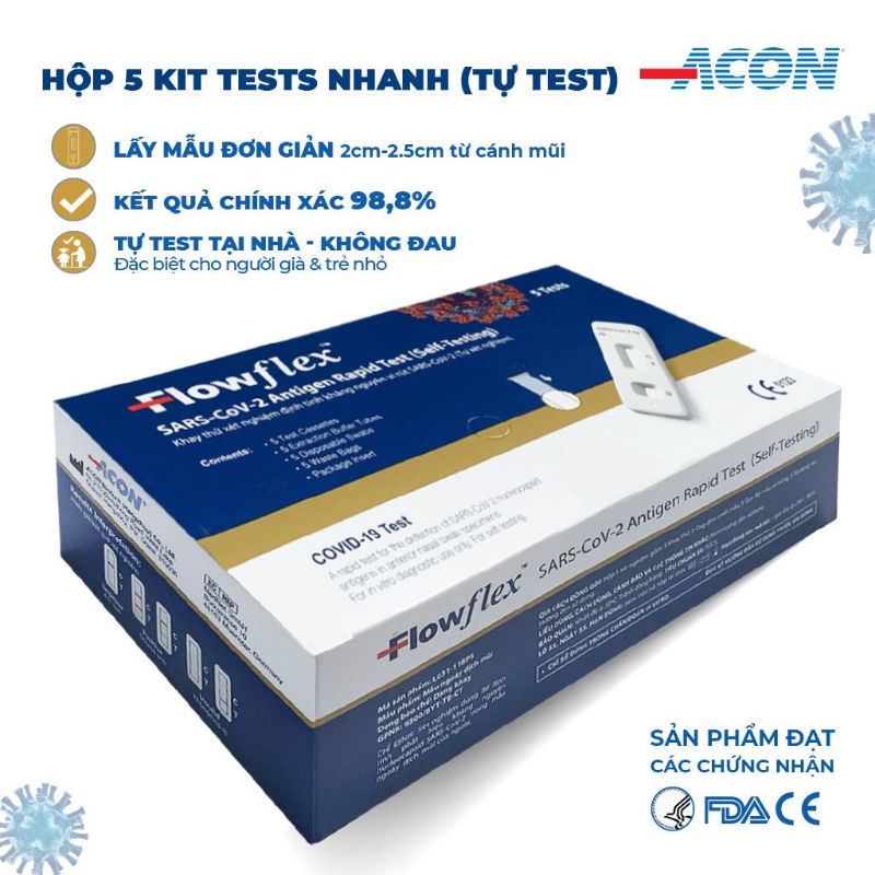 Hộp 5 bộ kit test nhanh covid 2019 tại nhà Acon FlowFlex SARS-CoV-2 Antigen Rapid Test (self test) - Thương hiệu Mỹ