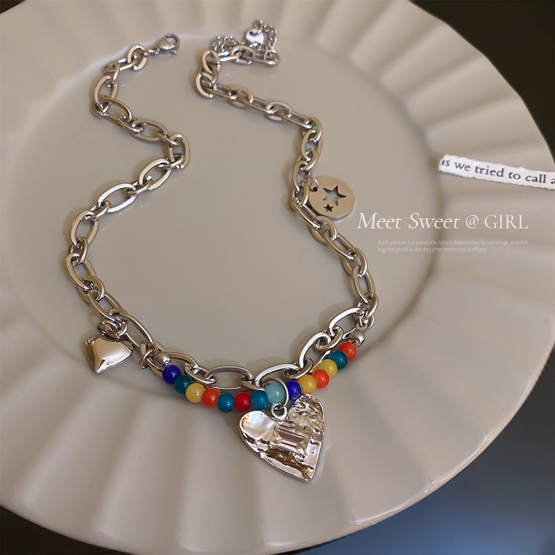 Vòng Cổ Choker Xương Quai Xanh Đính Hạt Hình Trái Tim Nhiều Màu Sắc Y2K Dành Cho Nữ